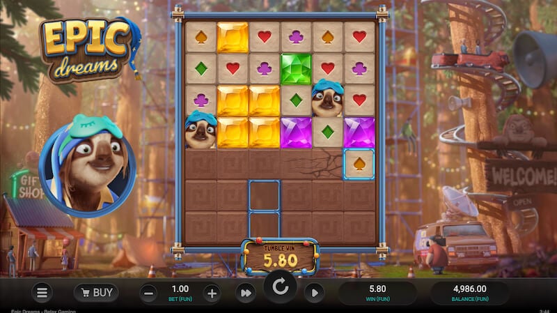 Multiple tumble wins worth $5.80 smash the stone blocks on the fourth row. The bet per spin is $1, visible bottom left.