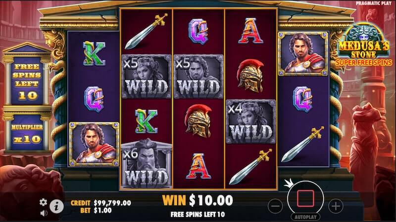 Four characters have turned into stone wilds after a Medusa Spin, offering a total multiplier of 20x. 10 free spins remain.