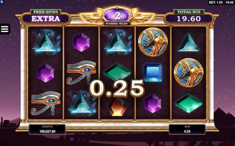 The free spins feature continues as two Stacked Wilds remain unallocated. Three topaz gems trigger a $0.25 win.