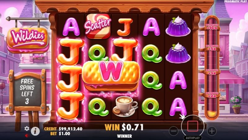 A wild symbol spans reels 2 and 3 to create a win of $0.71, seen below the grid. 3 free spins remain, shown bottom-left.