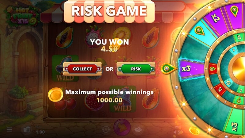 The Risk Game after a $1.50 base win. At the end of the spin, a x3 multiplier has been won, bringing the total to $4.50.